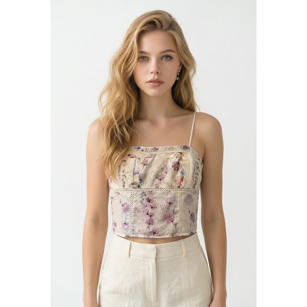 Hyfve Floral Eyelet Smocked Back Cami Top Purple Pink Cream HF25F490 Womens L